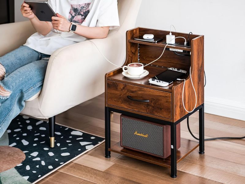 Photo 1 of 
Labcosi Rustic Bedside Table with Drawer, Nightstand with Charging Station and LED Lights 