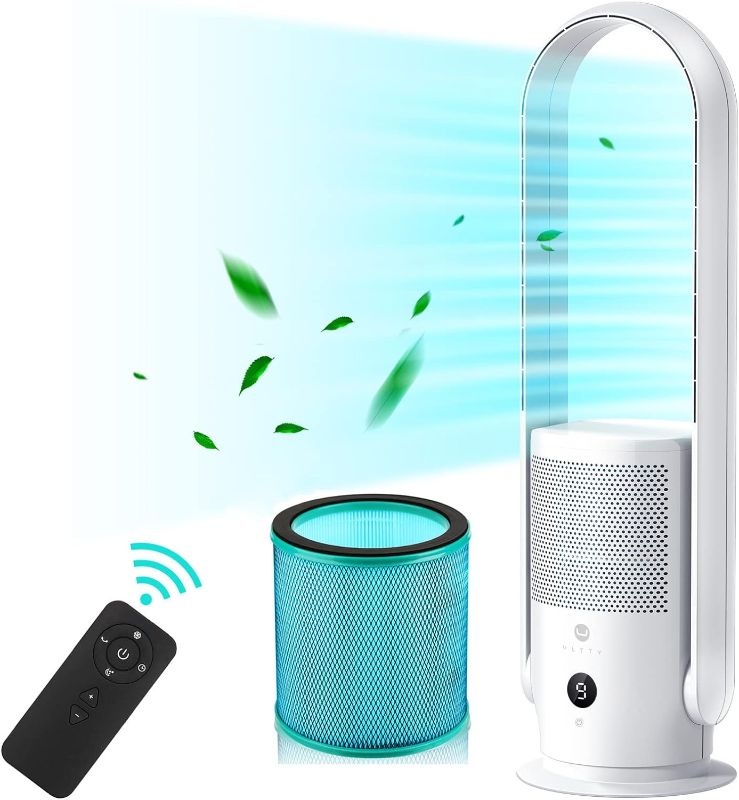 Photo 1 of ULTTY Bladeless Tower Fan and Air Purifier in one, True HEPA Filter 99.97% Smoke Dust Pollen Dander, Oscillating Tower Fan with Remote Control R22, White
