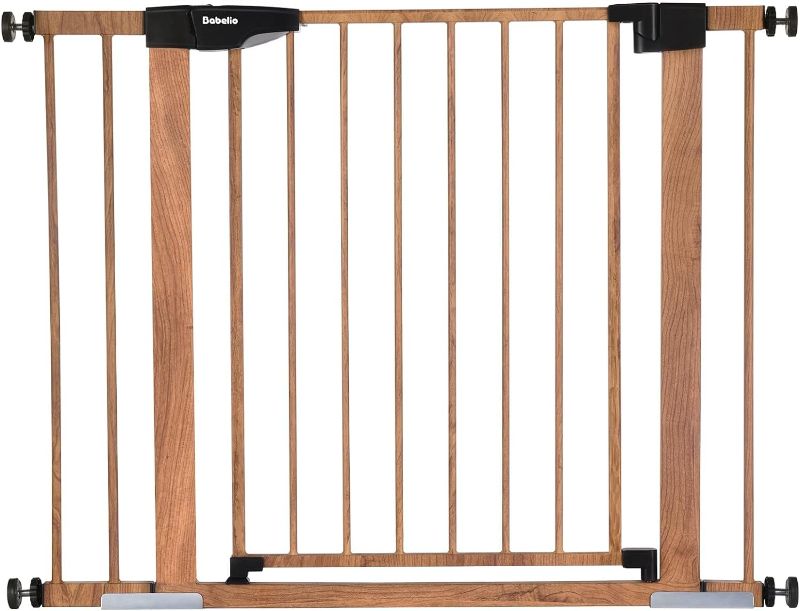Photo 1 of BABELIO Metal Baby Gate with Wood Pattern, 29-40" Easy Install Pressure Mounted Dog Gate, Ideal for Stairs and Doorways, with Wall Protectors and Extenders, No Tools Required