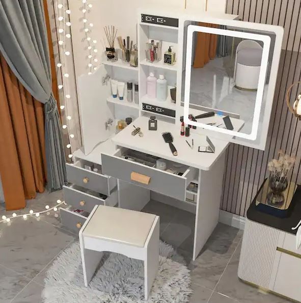 Photo 1 of 4-Drawers White Wood Makeup Vanity Sets Dressing Table Sets with Stool, Mirror, LED Light, Door and Storage Shelves USED POSSIBLE MISSING HARDWARE PIECES 
