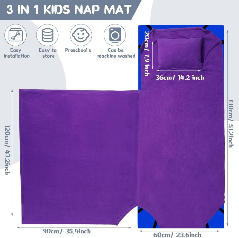 Photo 1 of Kigley 4 Pcs Nap Mat with Pillow and Blanket for Toddler Boys Girls, Roll up Sleeping Mat Bedding Cover with Elastic Corner Straps Handles for Preschool Daycare Cot, Travel, 51.2 x 23.6 Inch, Violet
