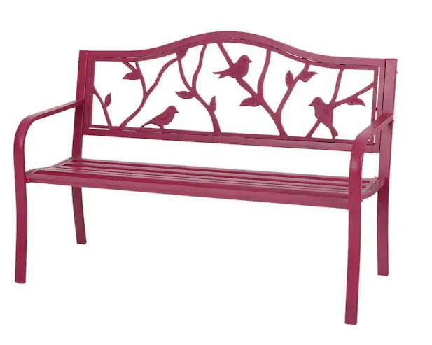 Photo 1 of 2-Person Red Metal Frame Outdoor Patio Bench with Classic Pattern
