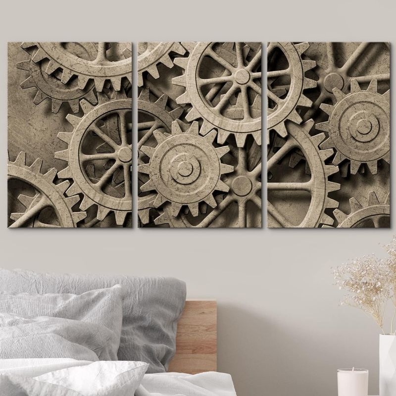 Photo 1 of 3 Piece Canvas Wall Art - a Mechanical Background with Gears and Cogs - WHITE AND YELLOW 