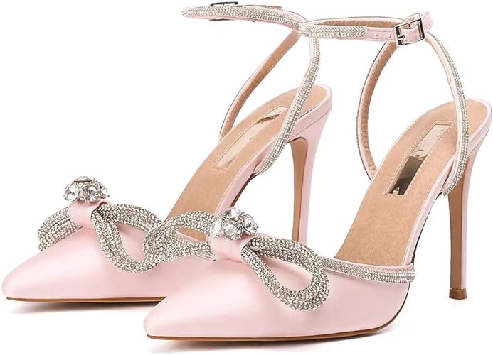 Photo 1 of Bieosnli Women's Satin Lace Up High Heel Sandals Ankle Buckle Straps Pump Rhinestone Strip Bowknot Pointed Toe Stiletto Sandals - 6
