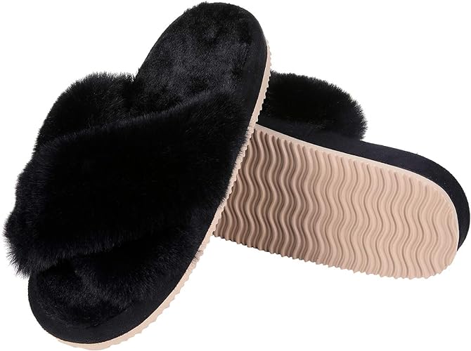Photo 1 of Comwarm Women's Cross Band Fuzzy Slippers Fluffy Open Toe House Slippers Cozy Plush Bedroom Shoes Indoor Outdoor
