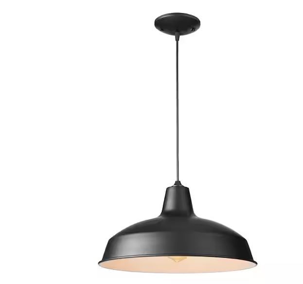 Photo 1 of HAMPTON BAY 1-Light Black Warehouse Pendant Hanging Light with Metal Shade
