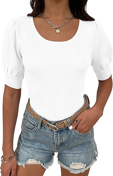 Photo 1 of Apbondy Womens Puff Short Sleeve Sweaters Lightweight Crewneck Ribbed Knit Shirt Pullover Tops
