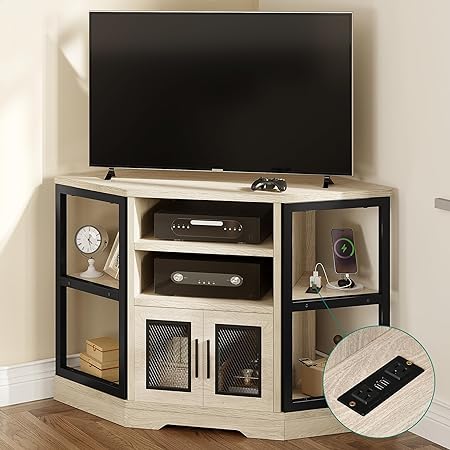 Photo 1 of YITAHOME Corner TV Stand for TVs up to 55/50 Inch with Power Outlet, Modern Farmhouse Entertainment Center, Wood TV Media Console with Storage Cabinets Shelves for Living Room, White Oak
