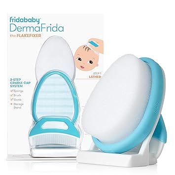 Photo 1 of Frida Makeup Baby The 3-Step Cradle Cap System | DermaFrida The FlakeFixer | Sponge, Brush, Comb and Storage Stand for Babies with Cradle Cap, White-Blue
