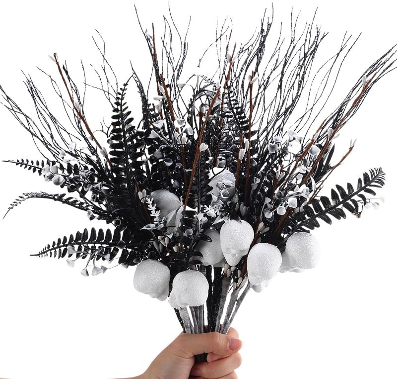 Photo 1 of (FACTORY SEALED)Hotop 16 Pcs 15.7 Inch Halloween Flowers with Skull Head and 16.9 Inch Black Artificial Glitter Curved Stem Ornaments Black Leaves for Halloween Tables Centerpieces Haunted House Decor Home Party
