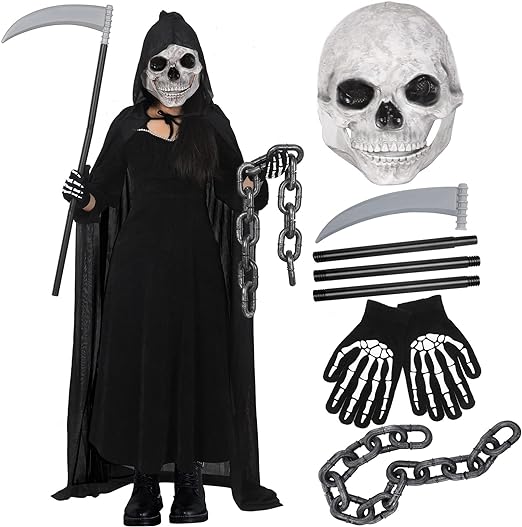 Photo 1 of (FACTORY SEALED)Tisancy 5 Pcs Reaper Halloween Costume Adult Reaper Costume Adult Unisex Grim Hooded Cloak Black Robe Realistic Full Head Skull Mask with Movable Jaw Scythe Fake Halloween Chains Skeleton Gloves
