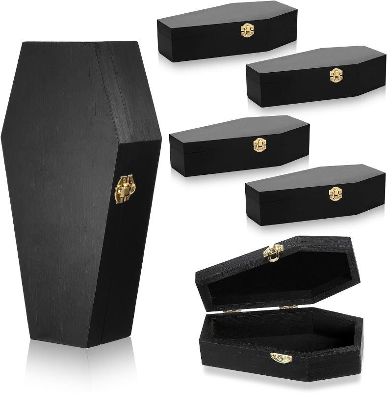 Photo 1 of (FACTORY SEALED)Thyle 6 Pcs 12 Inch 6 Inch Mix Size Unfinished Wooden Coffin Ring Box, Pine Funeral Coffins Box for Pet Burials Casket Goth Decoration Crafts Small Halloween Party (Black)
