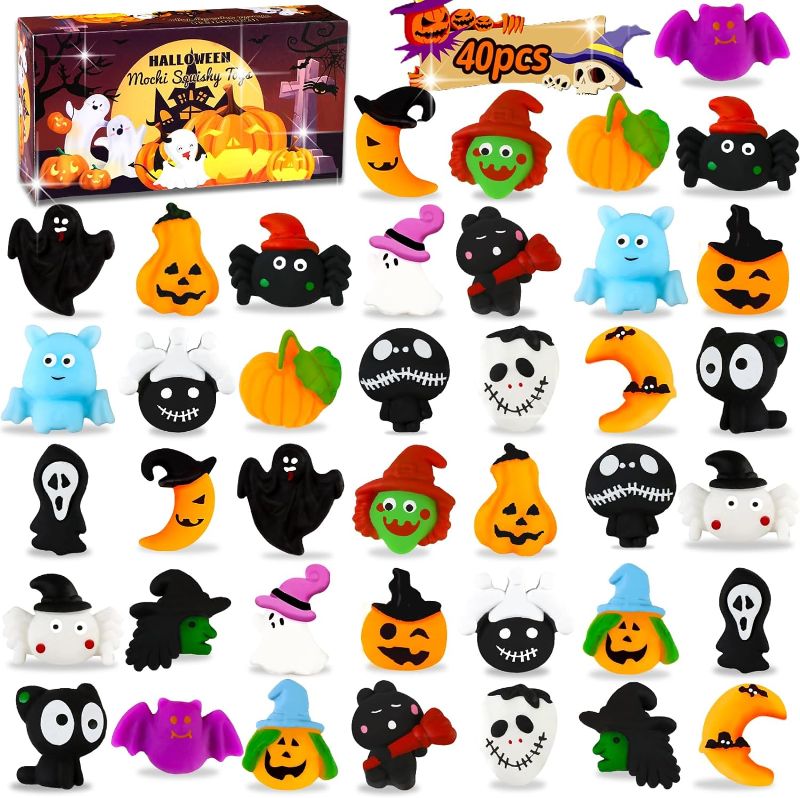 Photo 1 of 40 PCS Halloween Mochi Squishy Toys, Halloween Miniatures Trick or Treat Gifts, Halloween Party Favors Toys for Kids Treat Goodie Bag Fillers, Pumpkin Ghost Assortment Toys Bulk Party Decorations 2 PACK 
