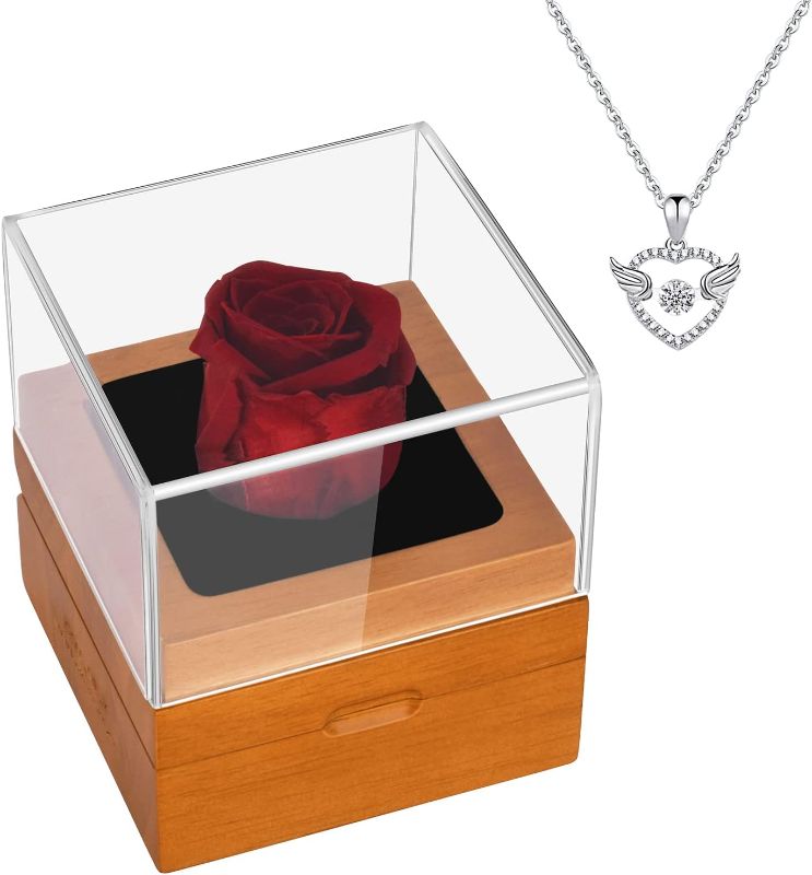 Photo 1 of -FACTORY SEALED- JOOMLAFLY Preserved Real Rose in a Wood Jewelry Box with Necklace, Eternal Flowers Rose Gifts for Women/Mom/Wife/Girlfriend/Grandma,Christmas Day
