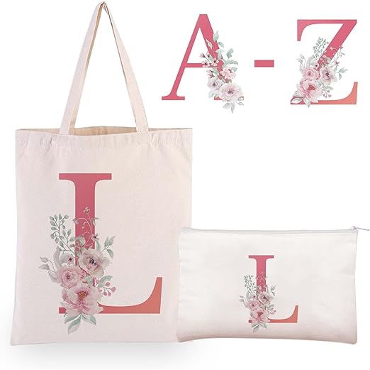 Photo 1 of boutikpro Floral Initial Canvas Tote Bag with Zipper
