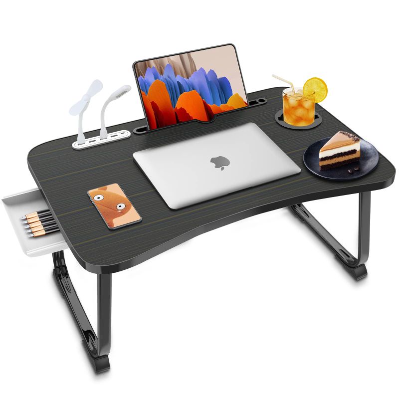 Photo 1 of Fayquaze Laptop Bed Desk, Portable Foldable Laptop Bed Table with USB Charge Port Storage Drawer and Cup Holder,Lap Desk Laptop Stand Tray Table Serving Tray for Eating, Reading and Working Black