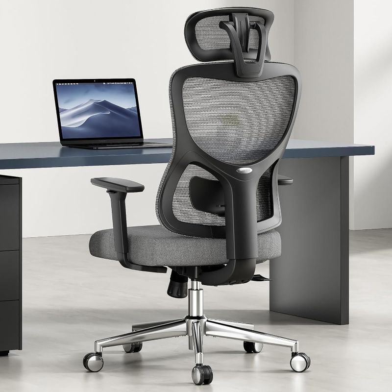 Photo 1 of Soohow Ergonomic Mesh Office Chair, Computer Desk Chair Ergonomic, High Back Office Chair with Headrest, Adjustable Lumbar Support and 3D Armrests, Grey.
