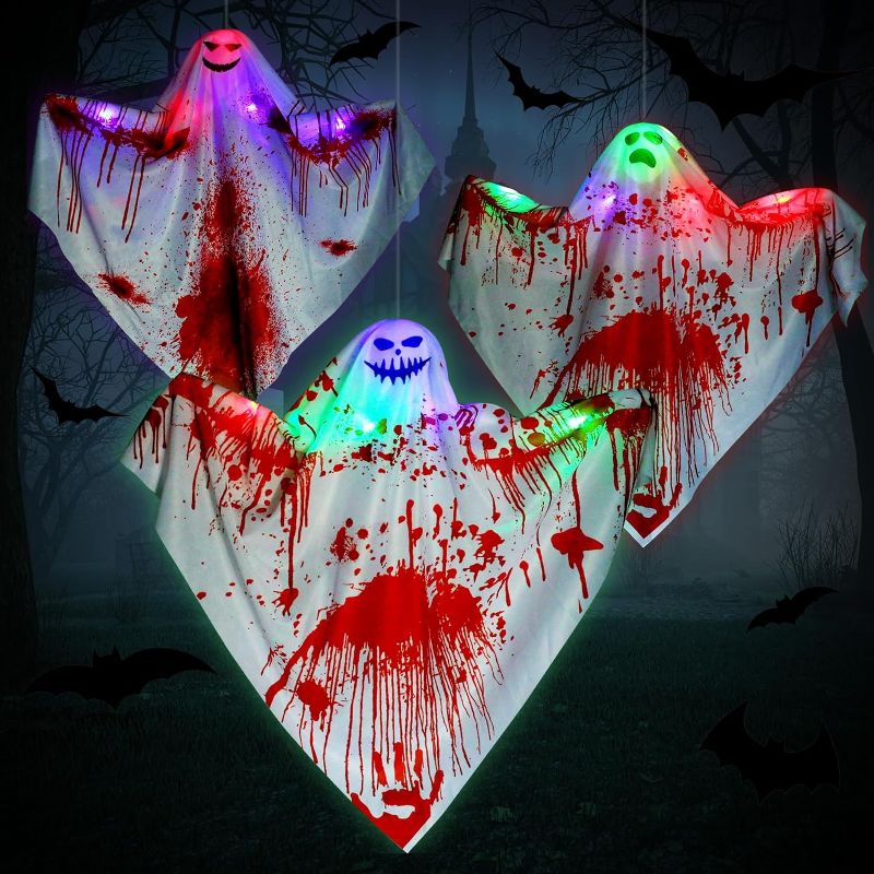 Photo 1 of 3 Pack Halloween Hanging Ghost with LED Light Halloween Decorations Light up Bloody Ghosts Outdoor Scary Blood Halloween Flying Ghosts for Yard Tree Patio Lawn Garden Halloween Hanging Decorations
