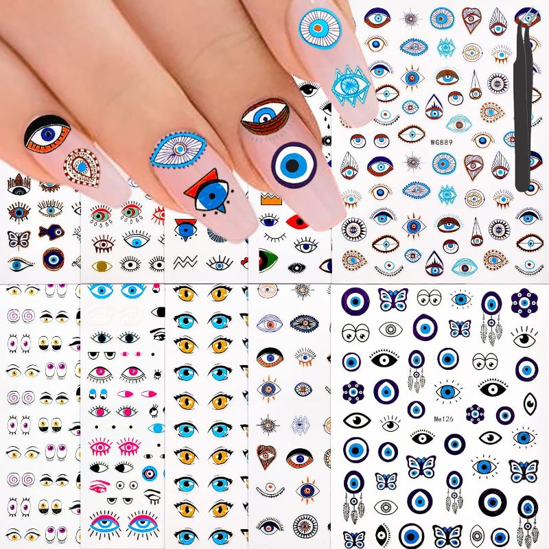 Photo 1 of 10 Sheets Evil Eye Nail Stickers for Nail Art DIY Decoration, Unique Self-Adhesive Blue Eye Charm Pegatinas Para Uñas Turkish Hamsa for Nail Design 3D Acrylic Nails for Women Girls Manicure Craft Gift
