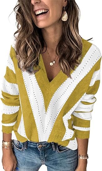 Photo 1 of 2XL--Elapsy Womens Color Block Striped V Neck Sweater Long Sleeve Pullover Knitted Sweater -2XL
