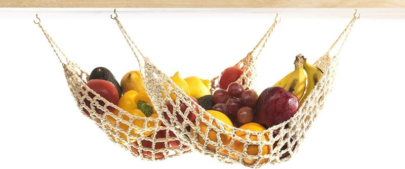 Photo 1 of 2 Pack Hanging Fruit Hammock - 2 Handwoven Cotton Produce, Banana, Macrame Fruit Hammocks For Kitchen Under Cabinet + 4 PCS Hooks - Storage That Saves Counter Space at Home, Boat, or Rv
