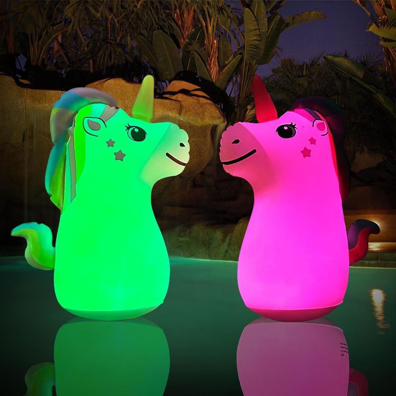 Photo 1 of  Lslpin Solar Floating Pool Lights,Glow in The Dark Solar Powered Unicorn Pool Lights,Color Changing Inflatable Waterproof Solar Swimming Lights for Pool Yard Garden Decorations
