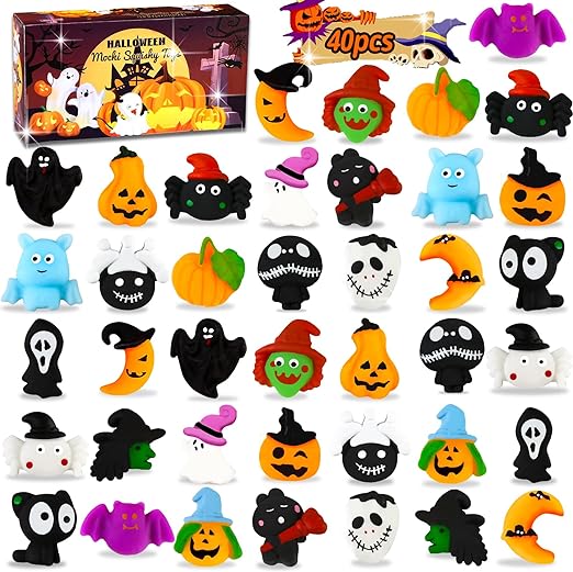 Photo 1 of 40 PCS Halloween Mochi Squishy Toys, Halloween Miniatures Trick or Treat Gifts, Halloween Party Favors Toys for Kids Treat Goodie Bag Fillers, Pumpkin Ghost Assortment Toys Bulk Party Decorations
