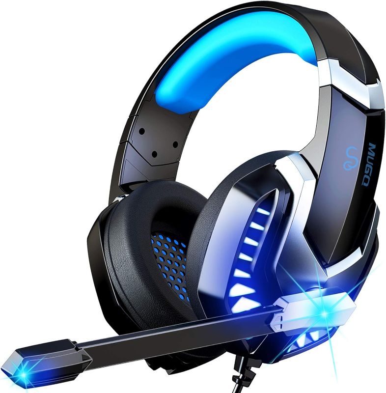 Photo 1 of MuGo J30 Gaming Headset, Gaming Headphones Over Ear Headphones for PC Laptop Mac PS4 PS5 Xbox One, HD Stereo Surround Sound Noise Canceling Mic, Soft Memory Earmuffs, LED Light, 3.5mm Audio Jack, Blue
