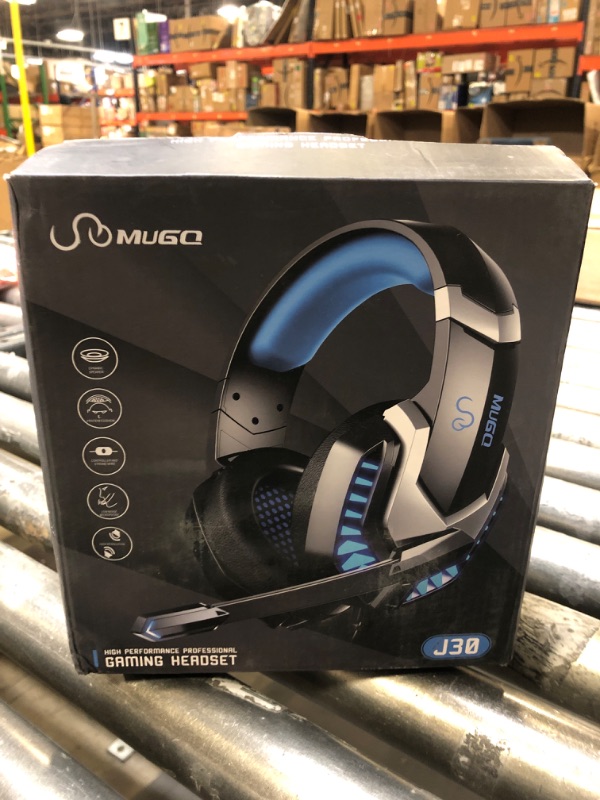 Photo 3 of MuGo J30 Gaming Headset, Gaming Headphones Over Ear Headphones for PC Laptop Mac PS4 PS5 Xbox One, HD Stereo Surround Sound Noise Canceling Mic, Soft Memory Earmuffs, LED Light, 3.5mm Audio Jack, Blue
