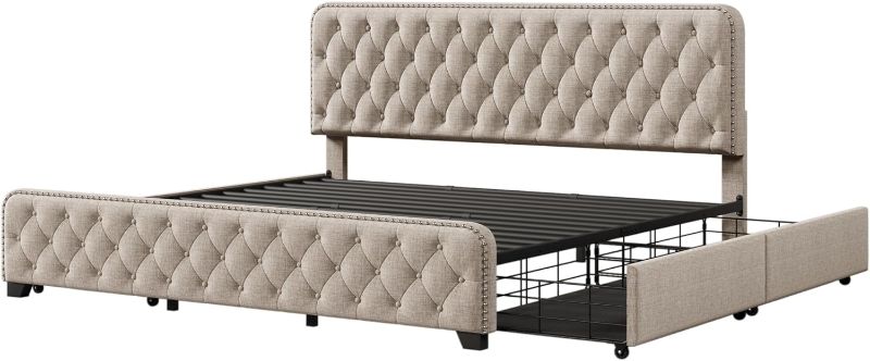 Photo 1 of ADANTI Upholstered Platform Bed Frame with Four Drawers, Button Tufted Headboard and Footboard Sturdy Metal Support, No Box Spring Required, Beige, King
