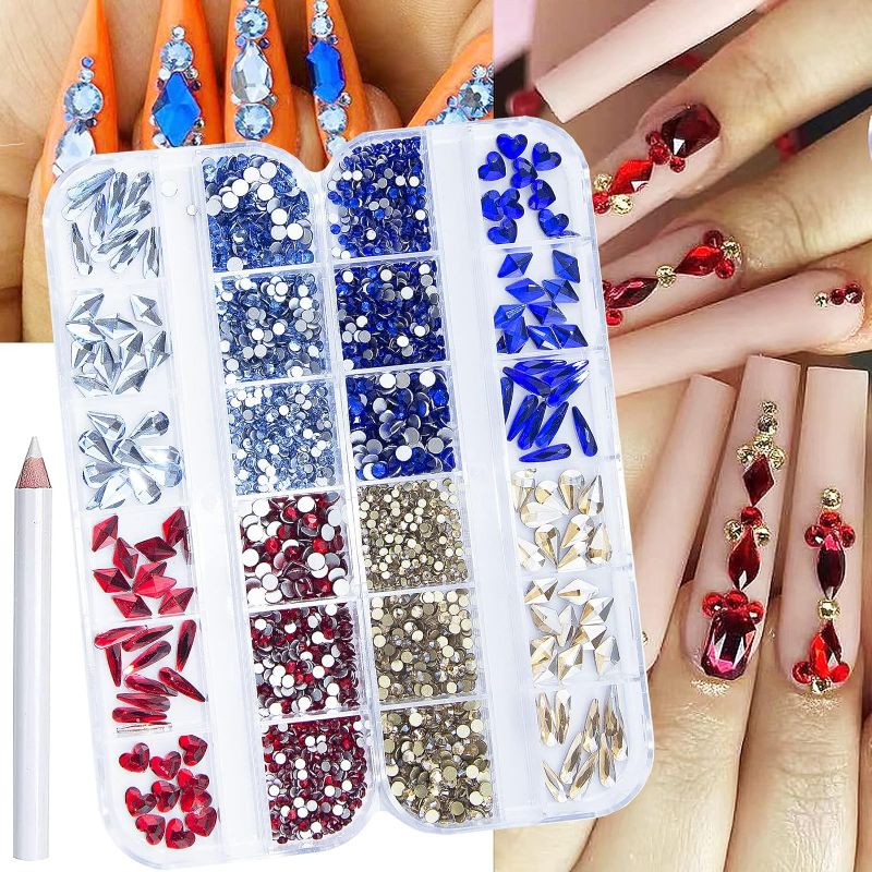 Photo 1 of 2520Pcs Royal Blue Champagne Gold Red Light Blue Nail Rhinestones Crystals Flatback Mixed Colors Multi Shaped Sized Nail Beads Glass Gems Nail Crystals Rhinestones with Pen for Nail DIY Crafts Jewelry
