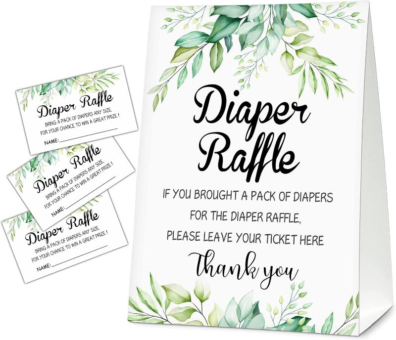 Photo 1 of Diaper Raffle For Baby Shower, Greenery, Eucalyptus Cards, 1 Sign & 50 Guess Cards Kit, Party Favors, Decorations, For Baby Shower Reveal Gender Game to Bring a Pack of Diapers - DIAPER-002
