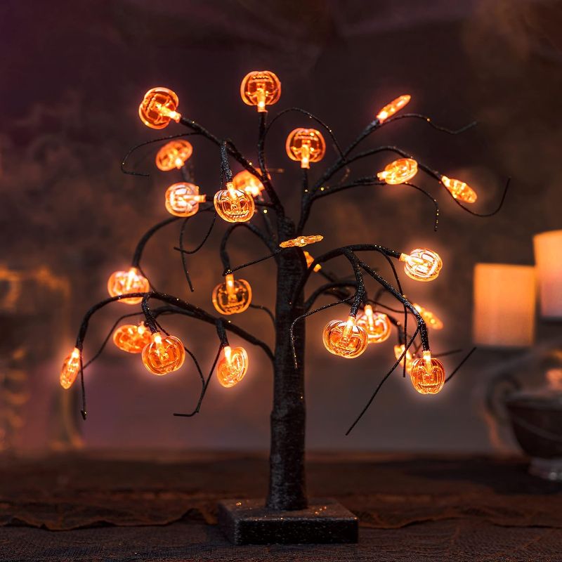 Photo 1 of 2 PACK -  Joiedomi 1.5 FT Halloween Spooky Tree, Light Up Halloween Tree with 24 LED Orange Pumpkin Lights, Prelit Black Tree for Halloween Tabletop Tree Decor, Halloween Indoor Table Top Desktop Decorations
