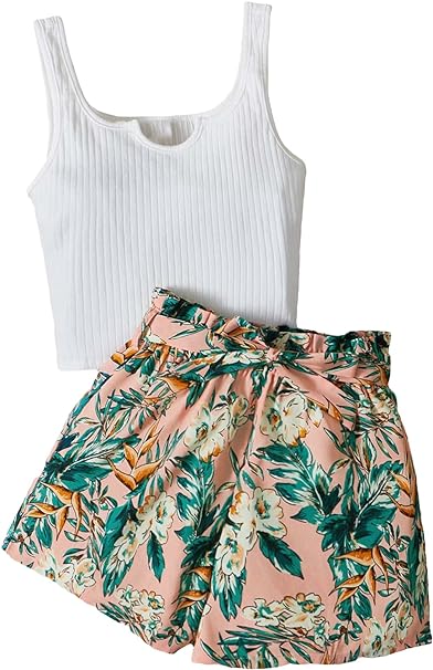 Photo 1 of --GREEN TOP -- WDIRARA Girl's 2 Piece Outfits Rib Knit Tank Top and Tropical Print Belted Shorts Set
