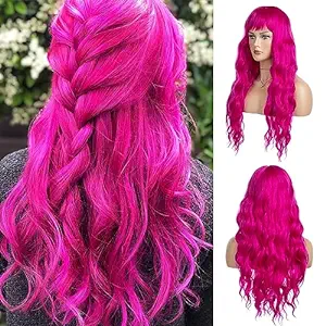 Photo 1 of Sallcks Hot Pink Long Curly Wavy Wig with Bangs Pink Long Cosplay Costume Synthetic Hair Wigs for Women Girls
