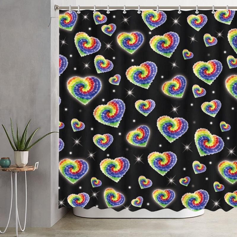 Photo 1 of AIBIIN Tie Dye Heart Colorful Shower Curtain for Bathroom Decorations with 12 Plastic Hooks Polyester Fabric Glamour Shots Black Early 2000s Shower Curtains Set 72x72in
