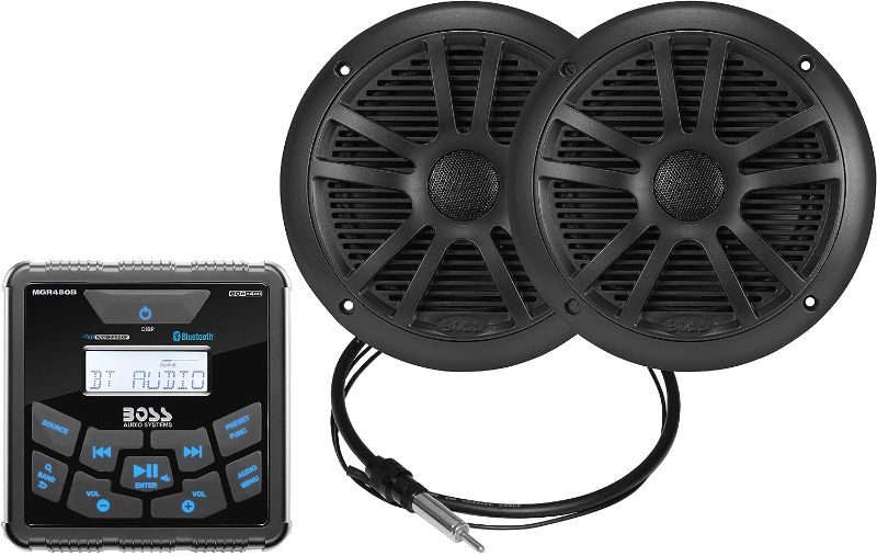 Photo 1 of BOSS Audio Systems MCKGB450B.6 Weatherproof Marine Gauge Receiver and Speaker Package - IPX6 Receiver, 6.5 Inch Speakers, Bluetooth Audio, USB MP3, AM FM, NOAA Weather Band Tuner, No CD Player, Black
