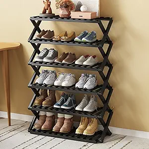 Photo 1 of ZHUOKECE Free Standing Shoe Racks, Stackable Shoes Organizer for Closet, Sturdy Multifunctional Bamboo Rack for Entryway Hallway Closet (Black, Large 6-Tier)
