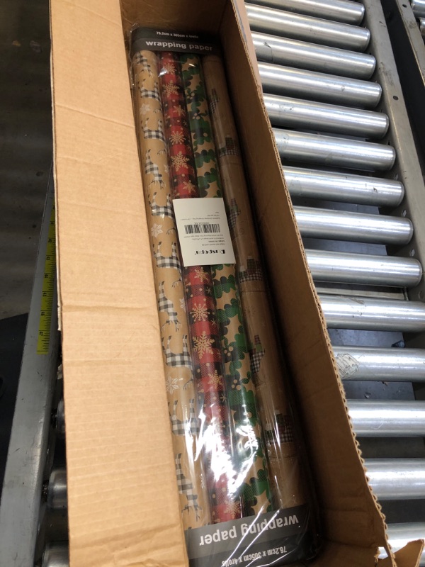 Photo 1 of RUSPEPA Christmas Wrapping Paper, Kraft Paper - Gift Cart, Snowflake, Buffalo Plaid and Reindeer - 4 Rolls - 30 inches x 10 feet per Roll