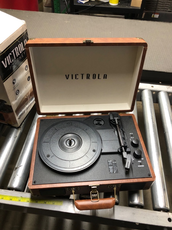 Photo 3 of Victrola Vintage 3-Speed Bluetooth Portable Suitcase Record Player with Built-in Speakers | Upgraded Turntable Audio Sound| Includes Extra Stylus | Brown Brown Record Player