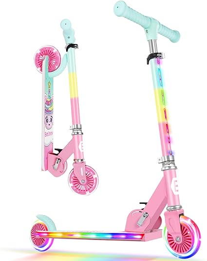 Photo 1 of BELEEV V2 Scooters for Kids with Light-Up Wheels & Stem & Deck, 2 Wheel Folding Scooter for Girls Boys, 3 Adjustable Height, Non-Slip Pattern Deck, Lightweight Kick Scooter for Children Ages 3-12
