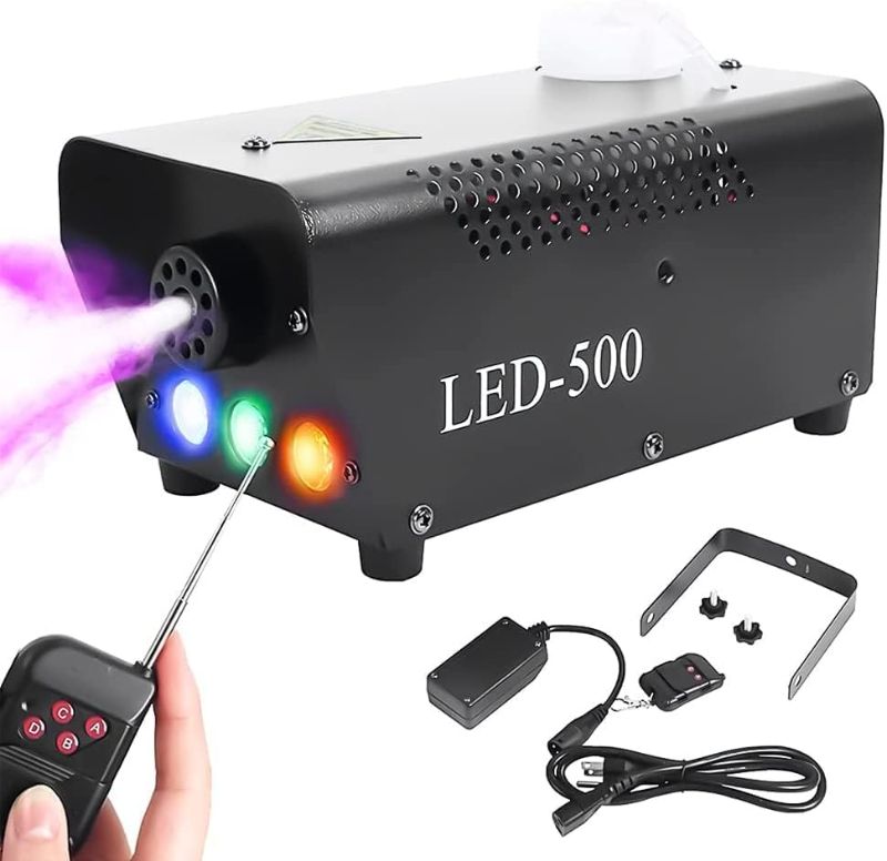 Photo 1 of \YaeCCC Fog Machine, 500W Smoke Machine with Built-In Colored LED Lights, Wireless Remote Control for Halloween, Parties, Stage, Wedding, Christmas