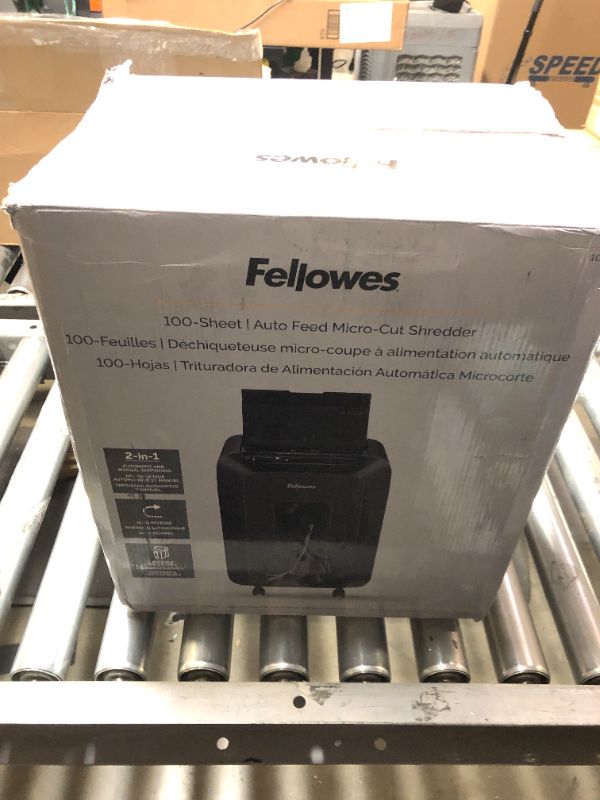Photo 2 of Fellowes AutoMax 100MA Micro-Cut 100MA Home Office/Small Office Auto Feed 2-in-1 Paper Shredder with 100-Sheet Capacity & Powershred Performance Shredder Oil, 12 oz. Extended Nozzle Bottle (35250) Shredder + Shredder Oil