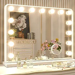 Photo 1 of Keonjinn Large Vanity Mirror with Lights, 15 Replaceable Bulbs Hollywood Makeup Mirror with 2 Replacement Bulbs, 3-Color Lights, Aluminum Metal Frame, USB Charging Port, 23" x 18" White Lighted Mirror
