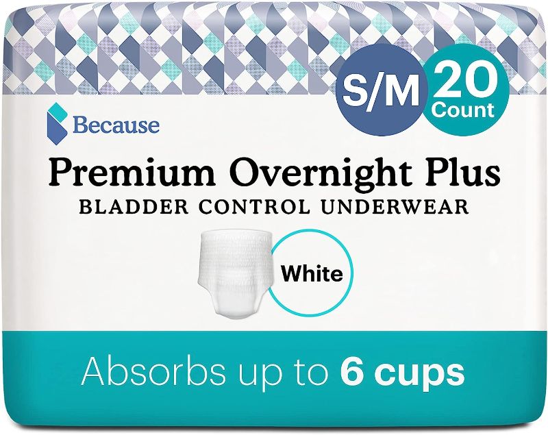 Photo 1 of Because Unisex Premium Overnight Plus Pull Up Underwear - Extremely Absorbent, Soft & Comfortable Nighttime Leak Protection - White, Small-Medium - Absorbs 6 Cups - 20 Count Small/Medium (Pack of 20)