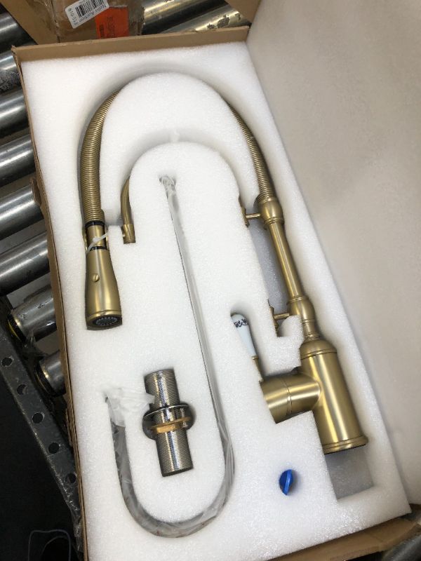 Photo 3 of Kunmai Single Handle High Arc Kitchen Sink Faucets Brushed Gold Dual-Mode Pull-Down Kitchen Faucet Solid Brass Porcelain Handle