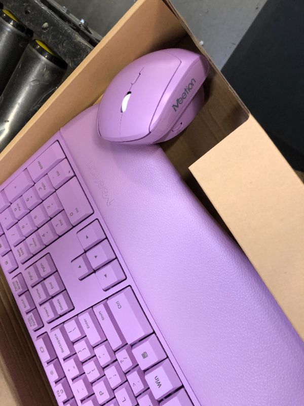 Photo 4 of MEETION Ergonomic Wireless Keyboard and Mouse, Ergo Keyboard with Vertical Mouse, Split Keyboard Cushioned Wrist Palm Rest Natural Typing Rechargeable Full Size, Windows/Mac/Computer/Laptop,Purple Large Purple