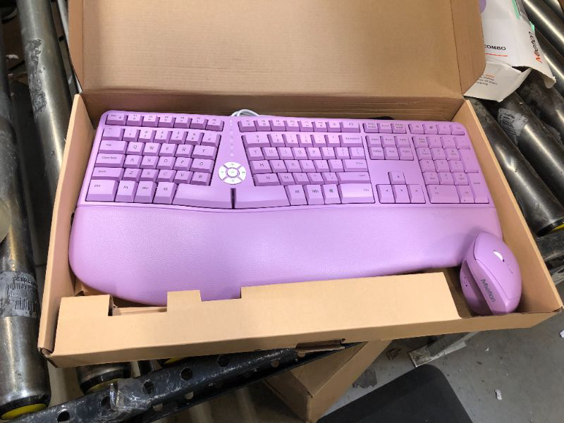 Photo 2 of MEETION Ergonomic Wireless Keyboard and Mouse, Ergo Keyboard with Vertical Mouse, Split Keyboard Cushioned Wrist Palm Rest Natural Typing Rechargeable Full Size, Windows/Mac/Computer/Laptop,Purple Large Purple