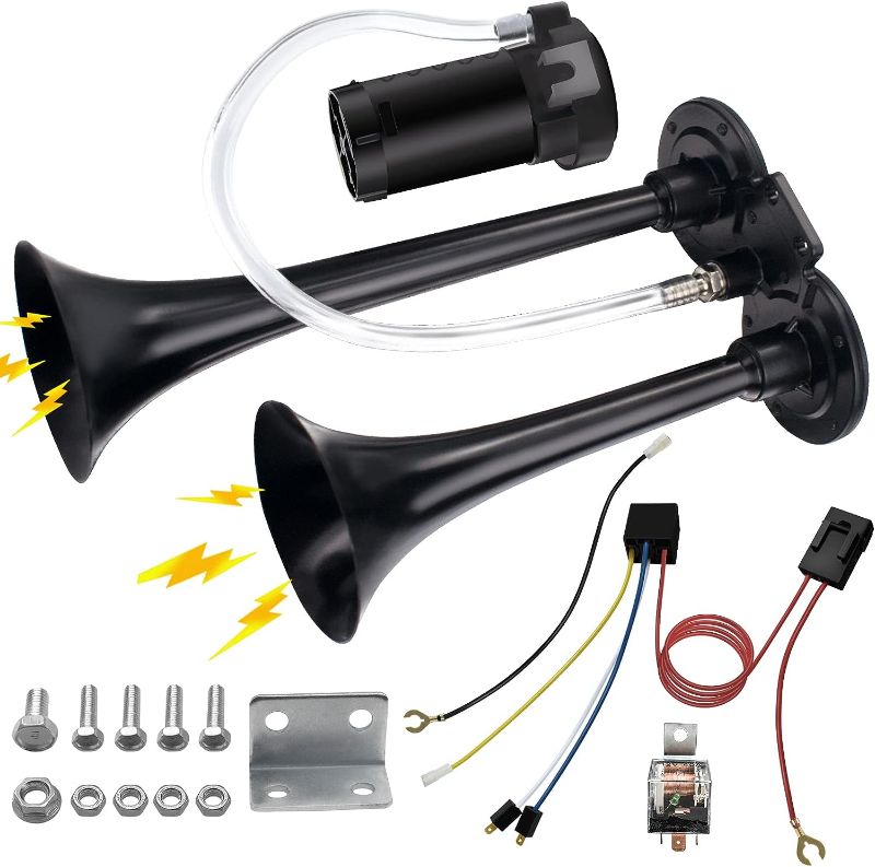 Photo 1 of  Air Horn Kit for Truck Car, Super Loud Train Truck, Dual Trumpet Horns with Compressor Any Vehicles Trucks Motorcycle Pickup Trains Cars Boats (Black)