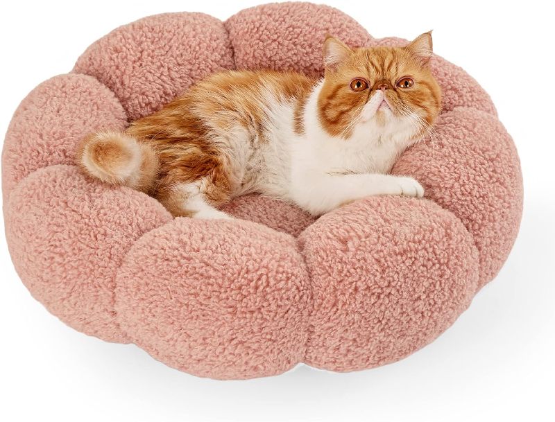 Photo 1 of Lesure Calming Cat Beds for Indoor Cats - Cute Flower Pet Beds in Teddy Sherpa Plush, Donut Round Fluffy Puppy Bed, Non-Slip Extra Small Dog Bed Fits up to 15 lbs, Machine Washable, Pink 20"
